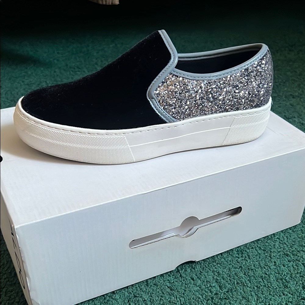 Aldo Black and Silver Glitter Slip-On Sneakers
